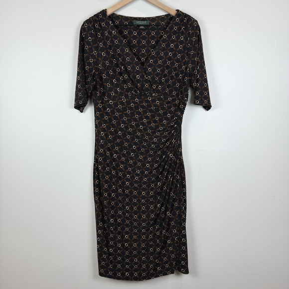 Ralph Lauren Dresses & Skirts - Ralph Lauren Womens Faux-Wrap Dress Size 10 Black Geometric Career Sheath Ruched